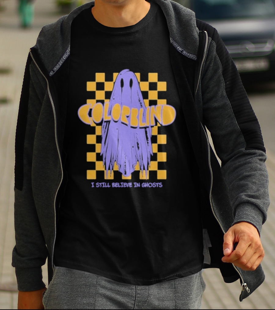 Colorblind I Still Believe In Ghosts Purple Ghost On Yellow Checkered Background T-Shirt