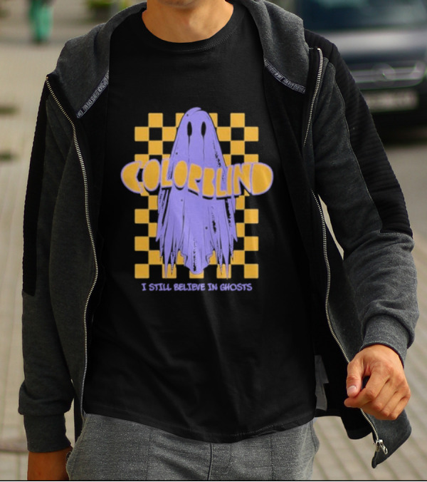 Colorblind I Still Believe In Ghosts Purple Ghost On Yellow Checkered Background T-Shirt