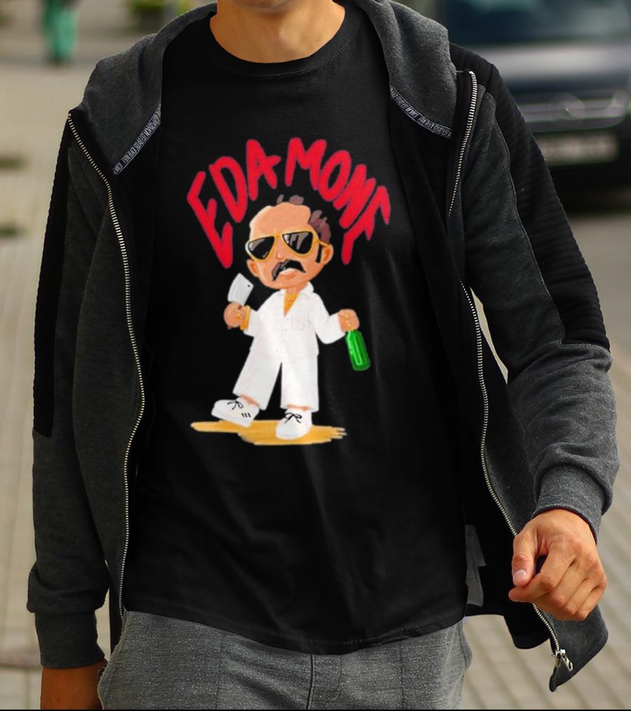 Eda Mone Rangan Chettan Cartoon Character In White Suit With Sunglasses Holding Cleaver And Bottle T-Shirt
