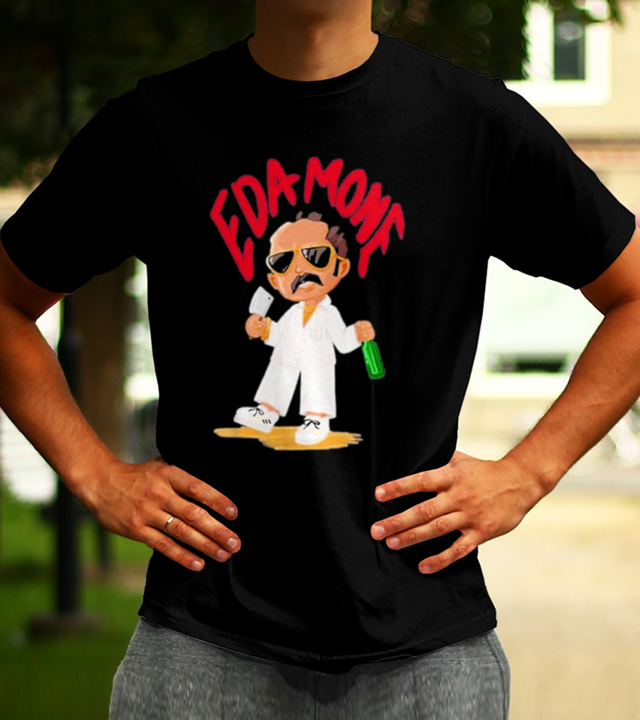 Eda Mone Rangan Chettan Cartoon Character In White Suit With Sunglasses Holding Cleaver And Bottle T-Shirt
