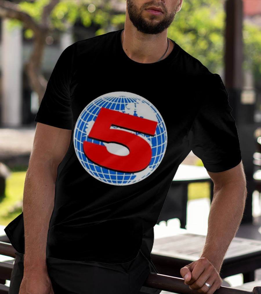 Red Number 5 On Blue And White Globe Background T-Shirt