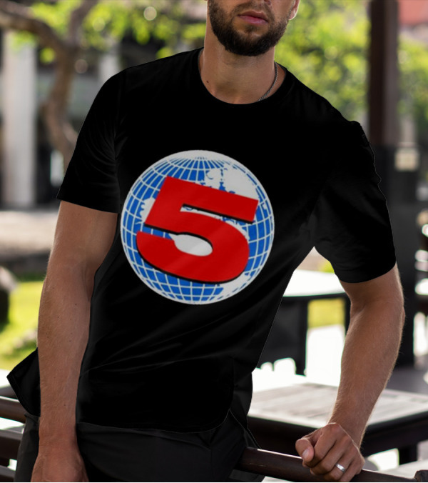 Red Number 5 On Blue And White Globe Background T-Shirt