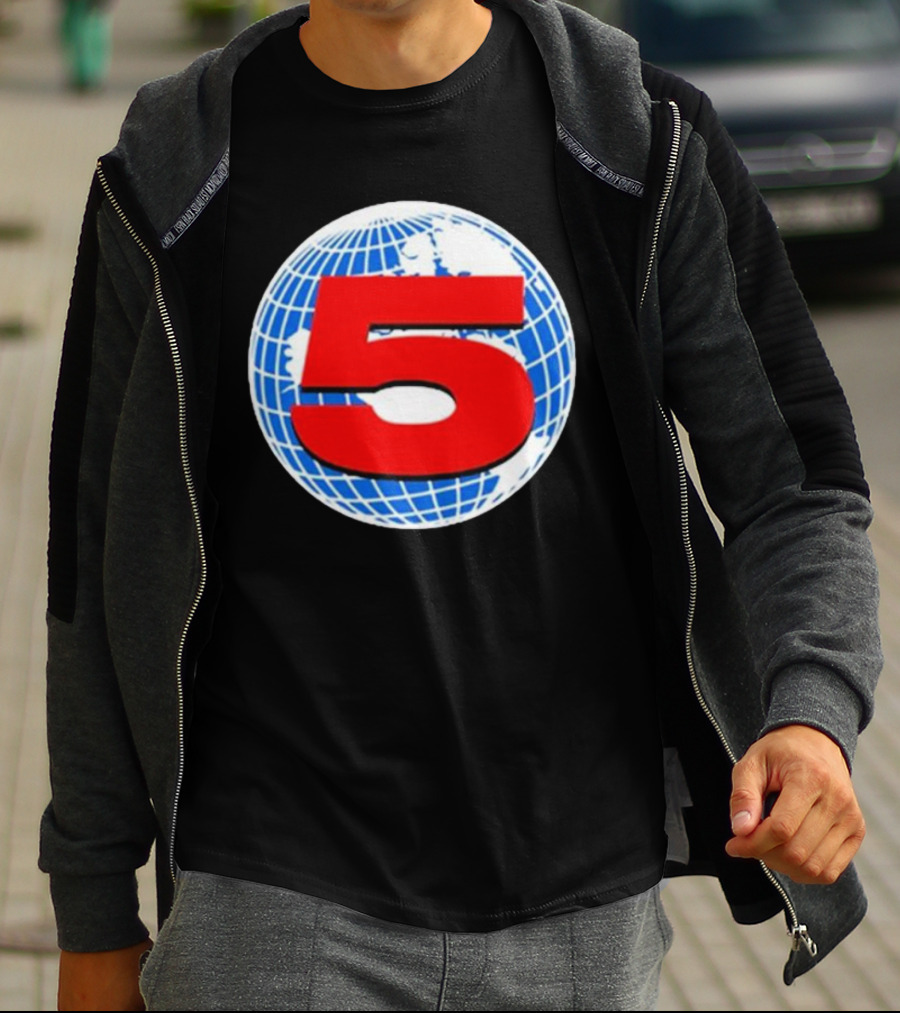 Red Number 5 On Blue And White Globe Background T-Shirt