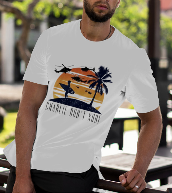 Charlie Don’t Surf Helicopters Palm Sunset Surfer T-Shirt
