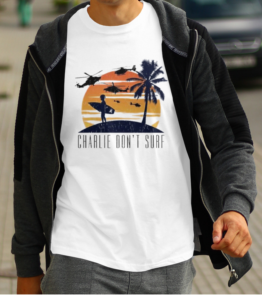 Charlie Don’t Surf Helicopters Palm Sunset Surfer T-Shirt