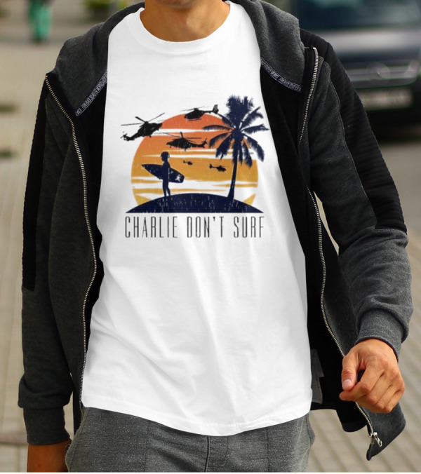 Charlie Don’t Surf Helicopters Palm Sunset Surfer T-Shirt