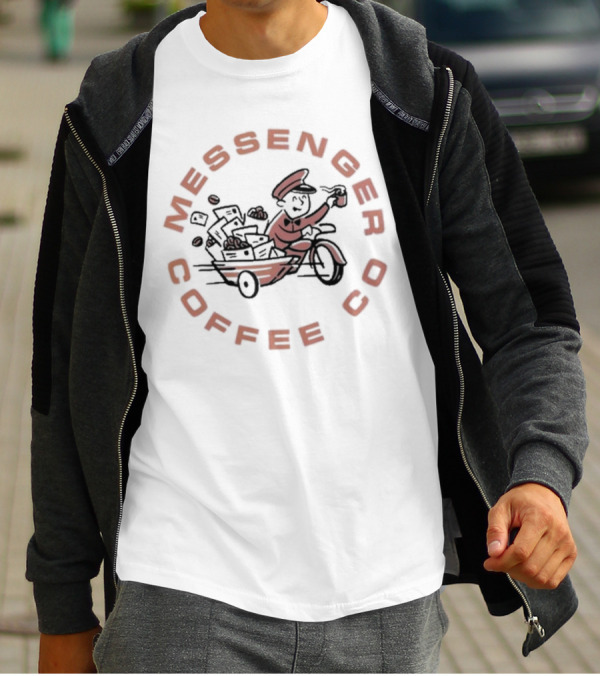 Messenger Coffee Co Vintage White Mail Carrier With Coffee Cup T-Shirt