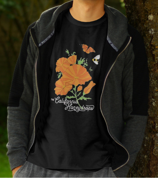 The California Honeydrops Orange Poppies Meadow With Butterfly And Bee T-Shirt