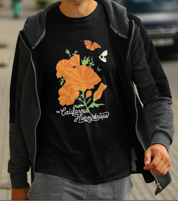 The California Honeydrops Orange Poppies Meadow With Butterfly And Bee T-Shirt