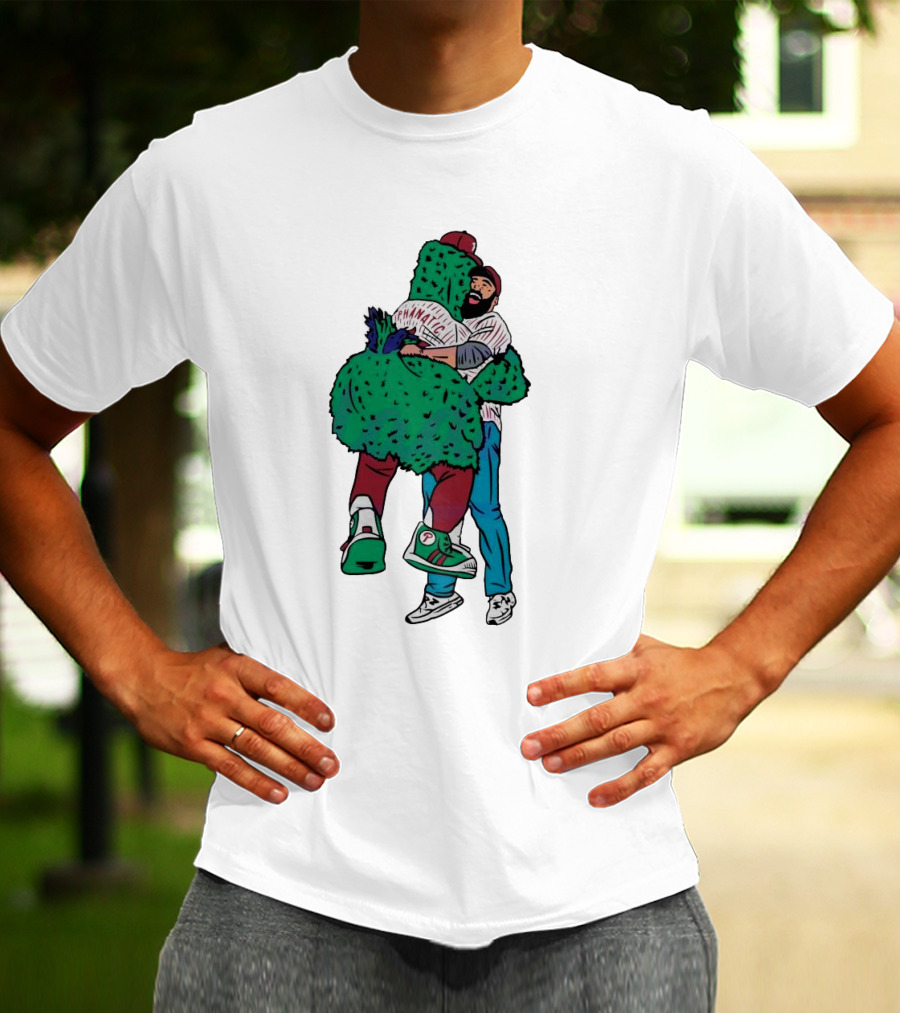 Phanatic Phillies Mascot Embrace With Baseball Player T-Shirt