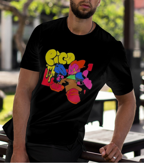 Friday Night Funkin Pico Colorful Cartoon Character Holding Gun T-Shirt