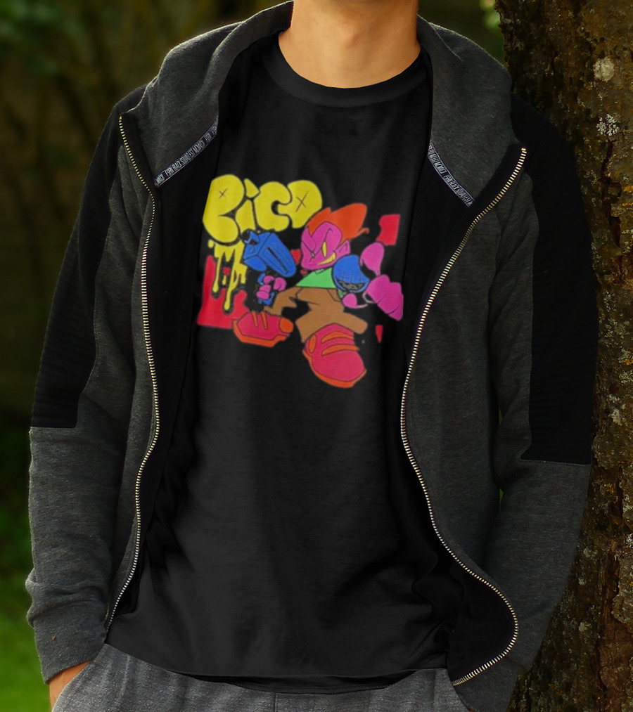 Friday Night Funkin Pico Colorful Cartoon Character Holding Gun T-Shirt