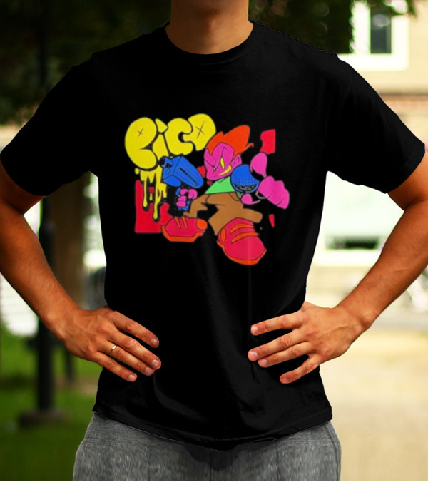 Friday Night Funkin Pico Colorful Cartoon Character Holding Gun T-Shirt
