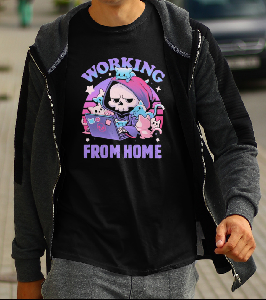 Working From Home Reaper With Cats Using Computer T-Shirt