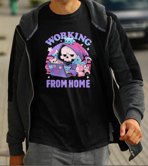 Working From Home Reaper With Cats Using Computer T-Shirt