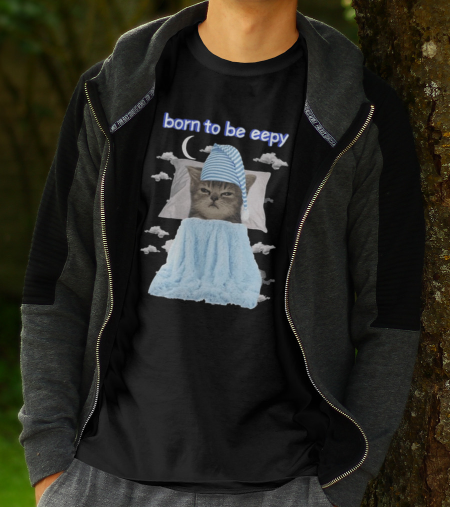Born To Be Eepy Sleepy Cat With Striped Nightcap And Clouds T-Shirt