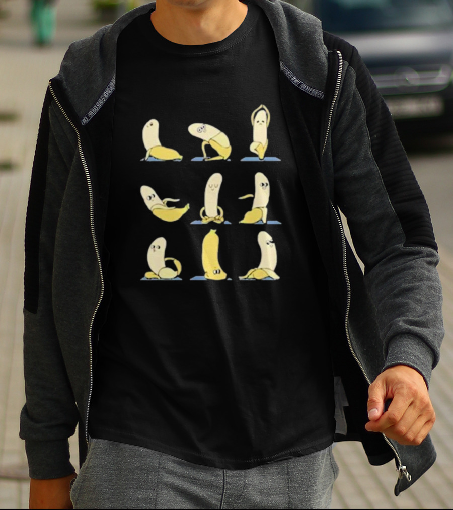 Quirky Cartoon Banana Yoga Poses Fun T-Shirt