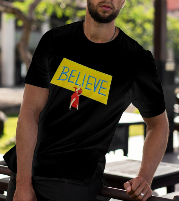 Hannah Waddingham Believe Yellow Sign With Red Dress T-Shirt