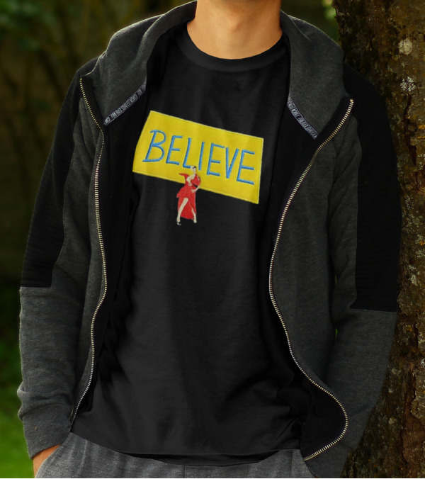 Hannah Waddingham Believe Yellow Sign With Red Dress T-Shirt