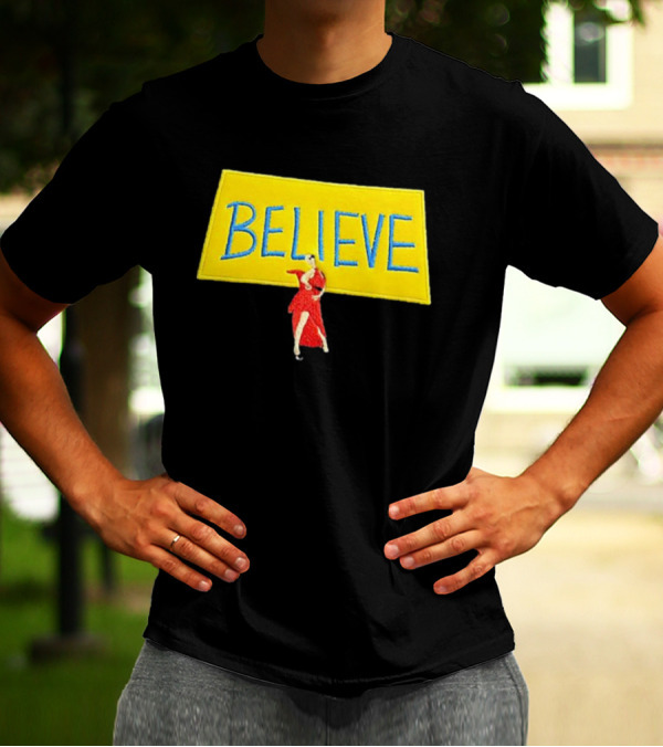 Hannah Waddingham Believe Yellow Sign With Red Dress T-Shirt