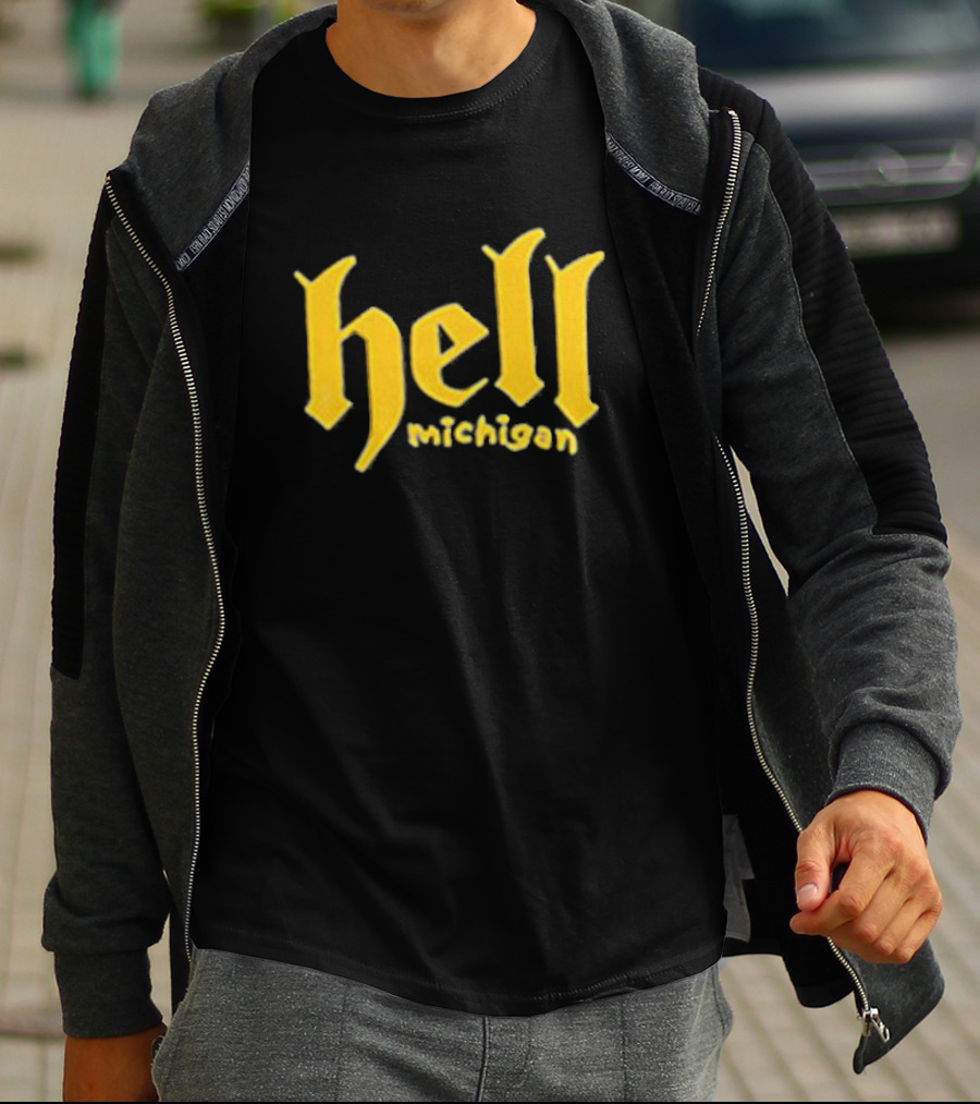 Hell Michigan Yellow Gothic Text T-Shirt