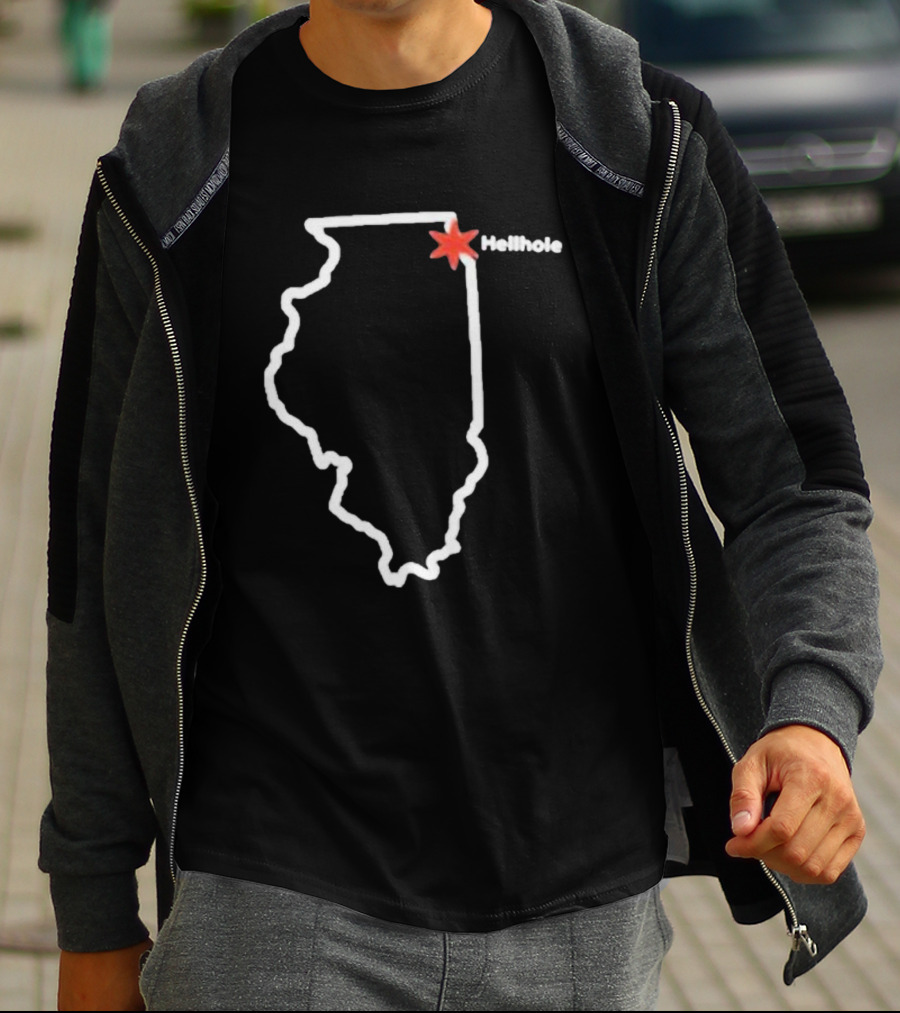 Hellhole Illinois Map Outline With Chicago Star T-Shirt