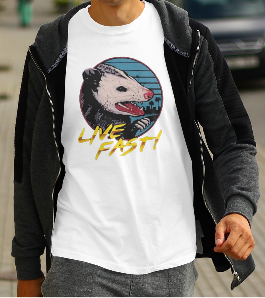 Live Fast Hiss Possum City Skyline T-Shirt