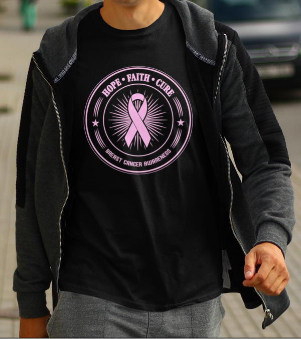 Hope Faith Cure Breast Cancer Awareness Pink Ribbon Emblem T-Shirt