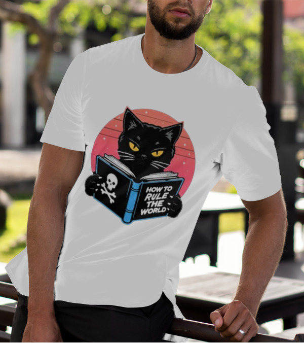 How To Rule The World Black Cat Reading Book With Skull T-Shirt