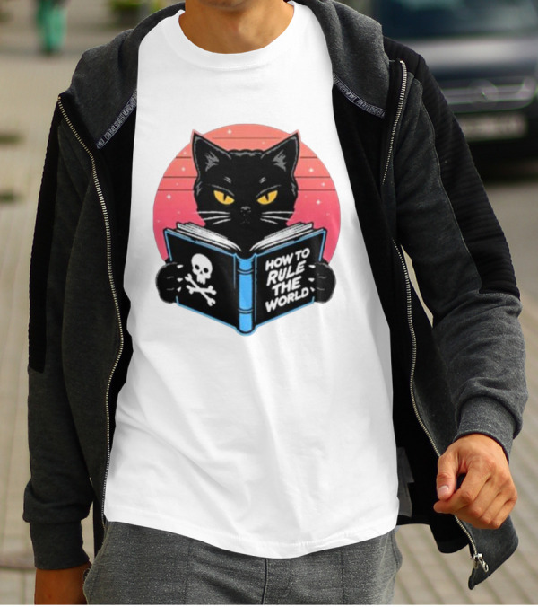 How To Rule The World Black Cat Reading Book With Skull T-Shirt