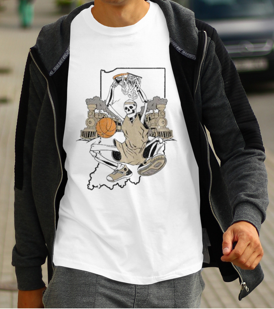 Golo Bloods West Lafayette Indiana Basketball Skeleton With Locomotives And Indiana Outline T-Shirt