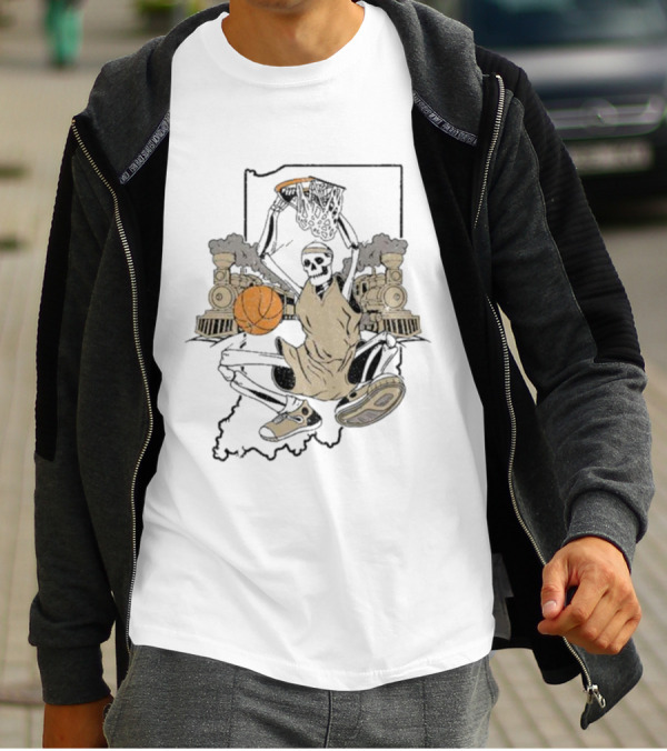 Golo Bloods West Lafayette Indiana Basketball Skeleton With Locomotives And Indiana Outline T-Shirt