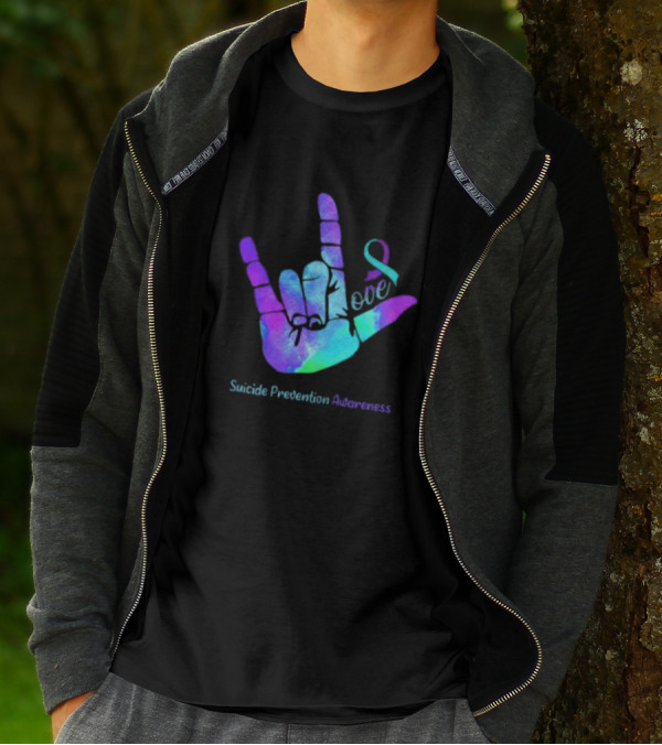 Love Hand Sign With Ribbon For Suicide Prevention Awareness T-Shirt