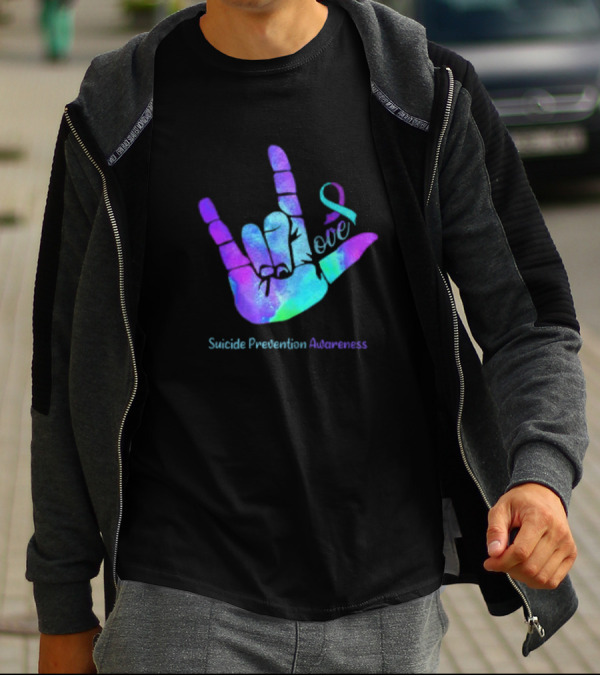 Love Hand Sign With Ribbon For Suicide Prevention Awareness T-Shirt