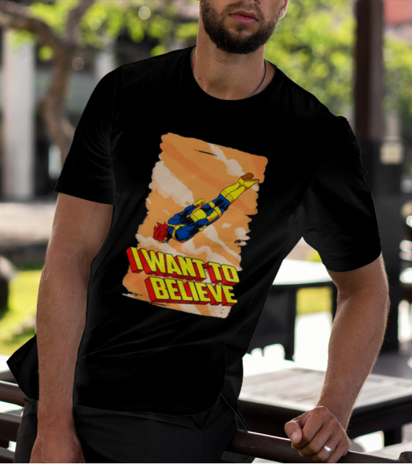 I Want To Believe Superheroes Retro Flying Hero In Yellow And Blue Suit T-Shirt