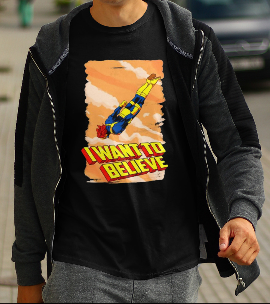 I Want To Believe Superheroes Retro Flying Hero In Yellow And Blue Suit T-Shirt