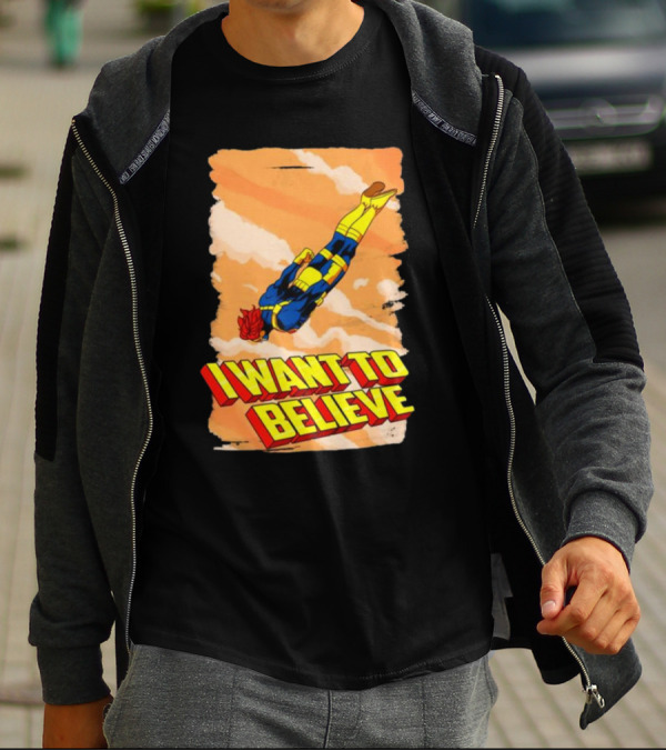 I Want To Believe Superheroes Retro Flying Hero In Yellow And Blue Suit T-Shirt