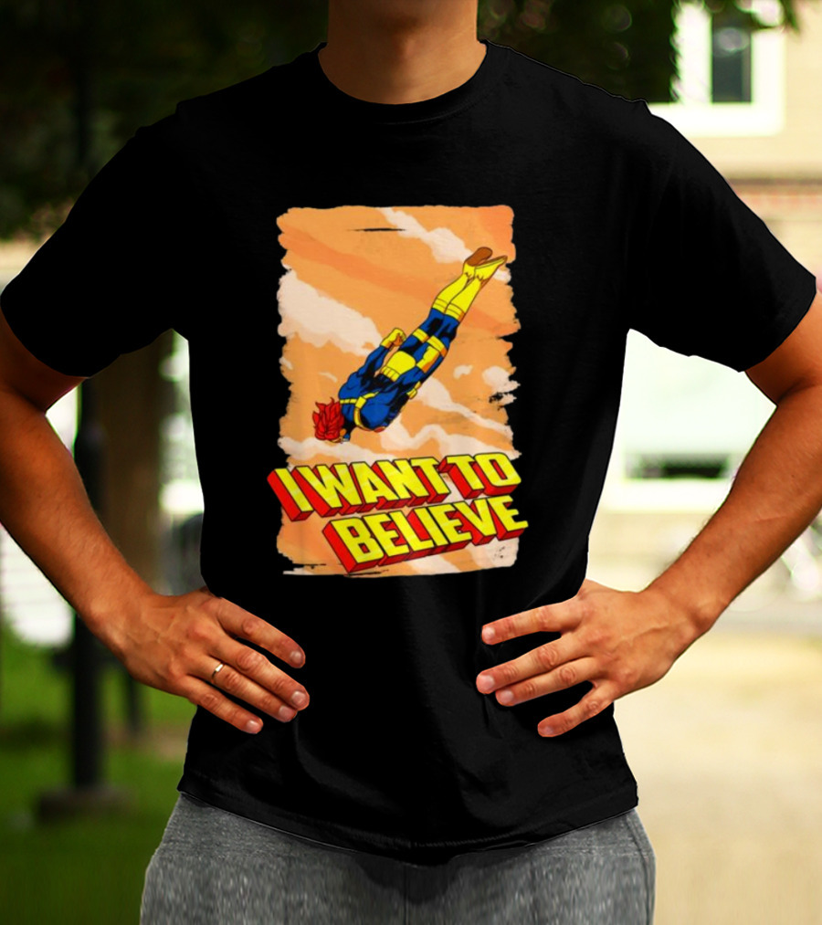 I Want To Believe Superheroes Retro Flying Hero In Yellow And Blue Suit T-Shirt