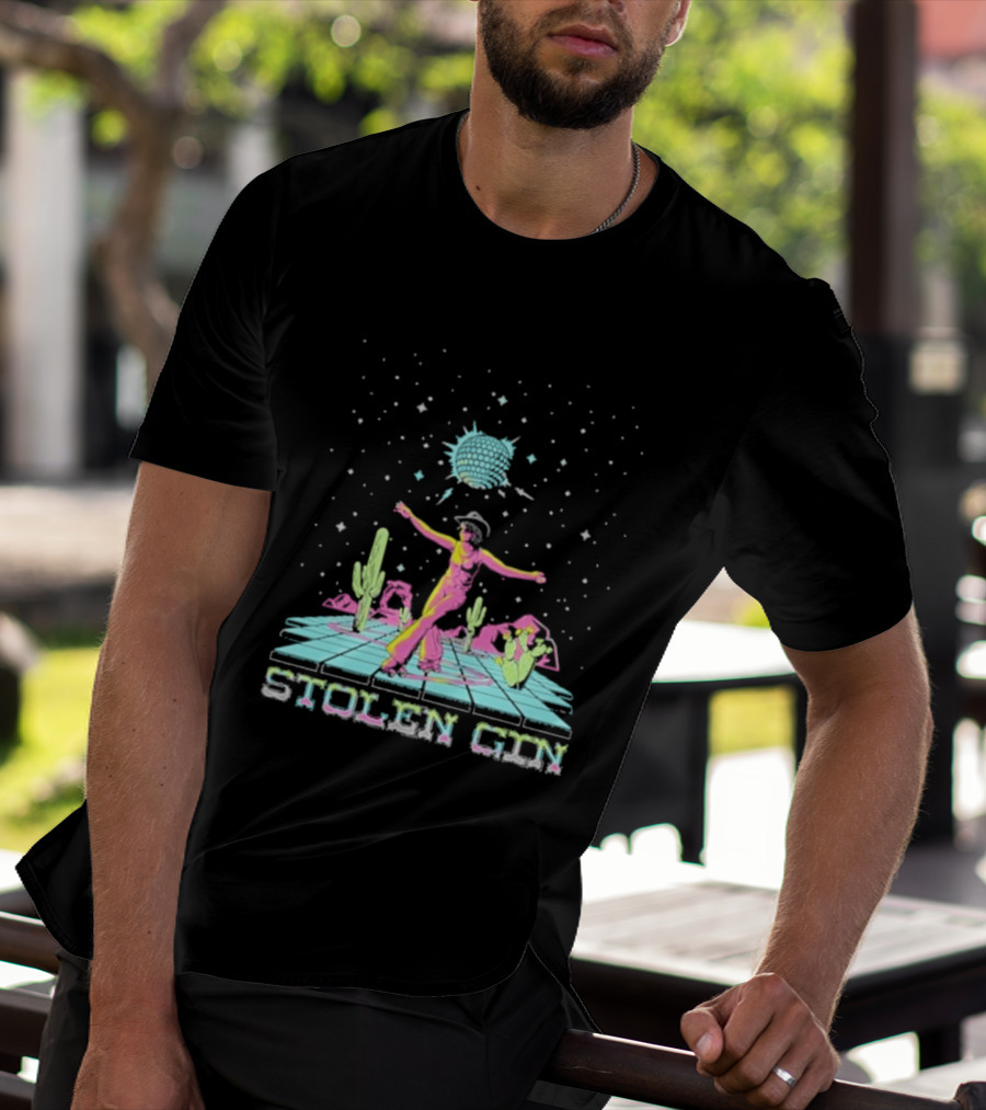 Stolen Gin Disco Cowgirl Dance Under Starry Night Desert Scene T-Shirt