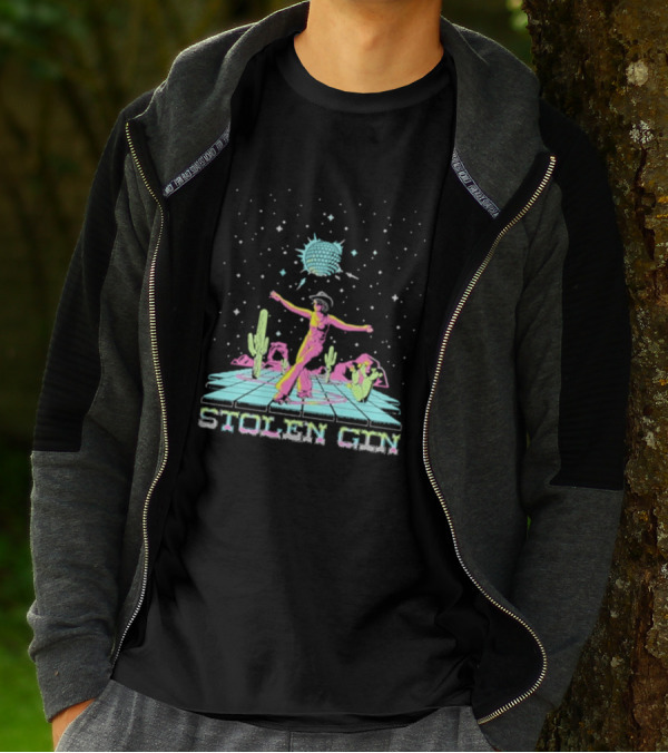 Stolen Gin Disco Cowgirl Dance Under Starry Night Desert Scene T-Shirt
