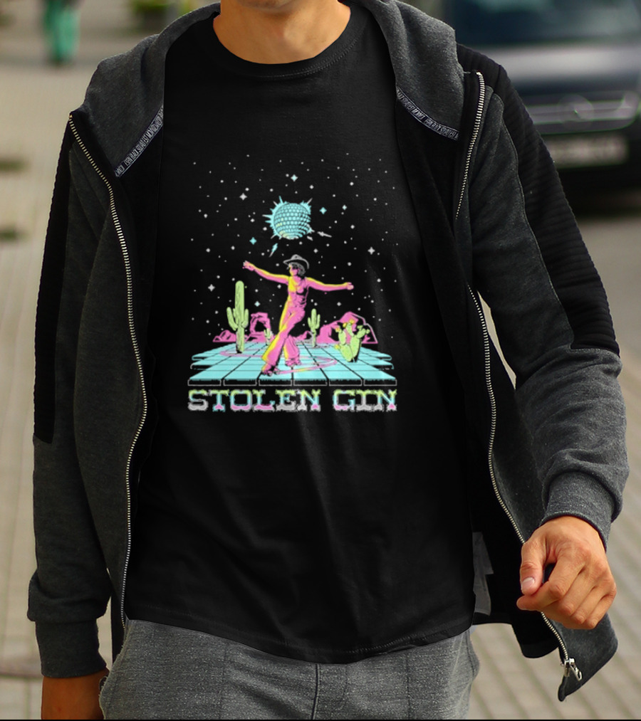 Stolen Gin Disco Cowgirl Dance Under Starry Night Desert Scene T-Shirt