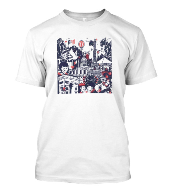 BasePaint Cityscapes Paris Eiffel Tower And Arc De Triomphe Neon Hearts T-Shirt