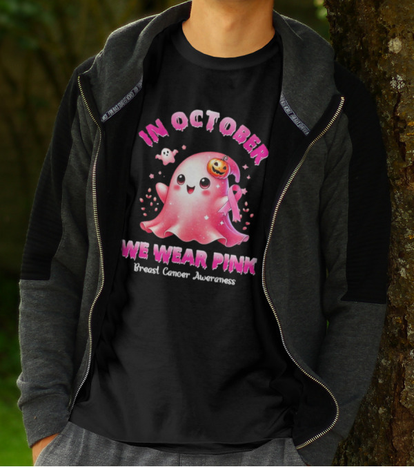 In October We Wear Pink Ghost Pumpkin Ribbon Breast Cancer Awareness T-Shirt