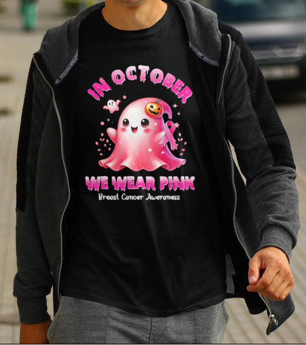 In October We Wear Pink Ghost Pumpkin Ribbon Breast Cancer Awareness T-Shirt