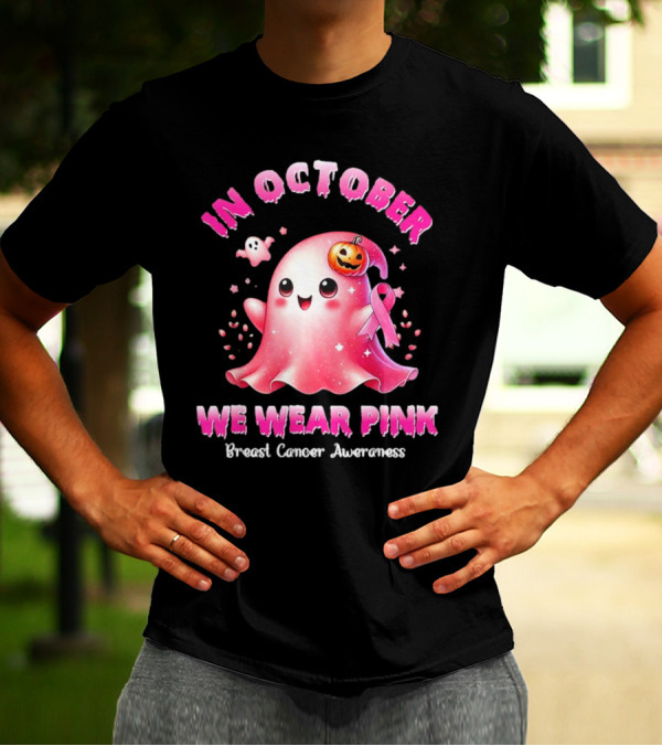 In October We Wear Pink Ghost Pumpkin Ribbon Breast Cancer Awareness T-Shirt