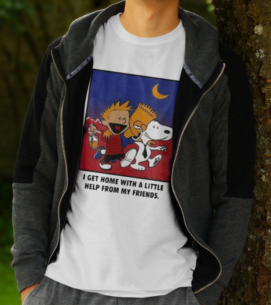 For All To Envy I Get Home With A Little Help From My Friends Calvin Bart Snoopy Trio T-Shirt