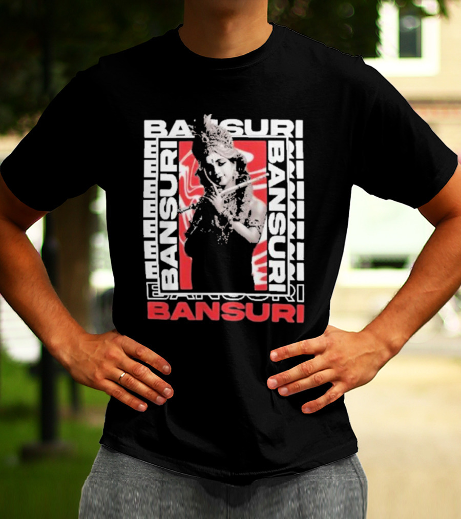 Bansuri Beautiful Girl With Flute Elegantly Framed In Red And White T-Shirt