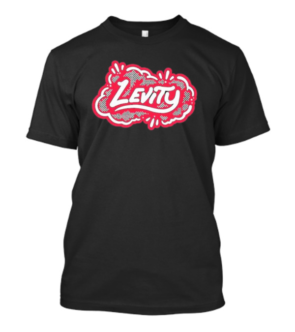 Levity Music Store Red And White Comic-Style Text On Black Cloud Background T-Shirt