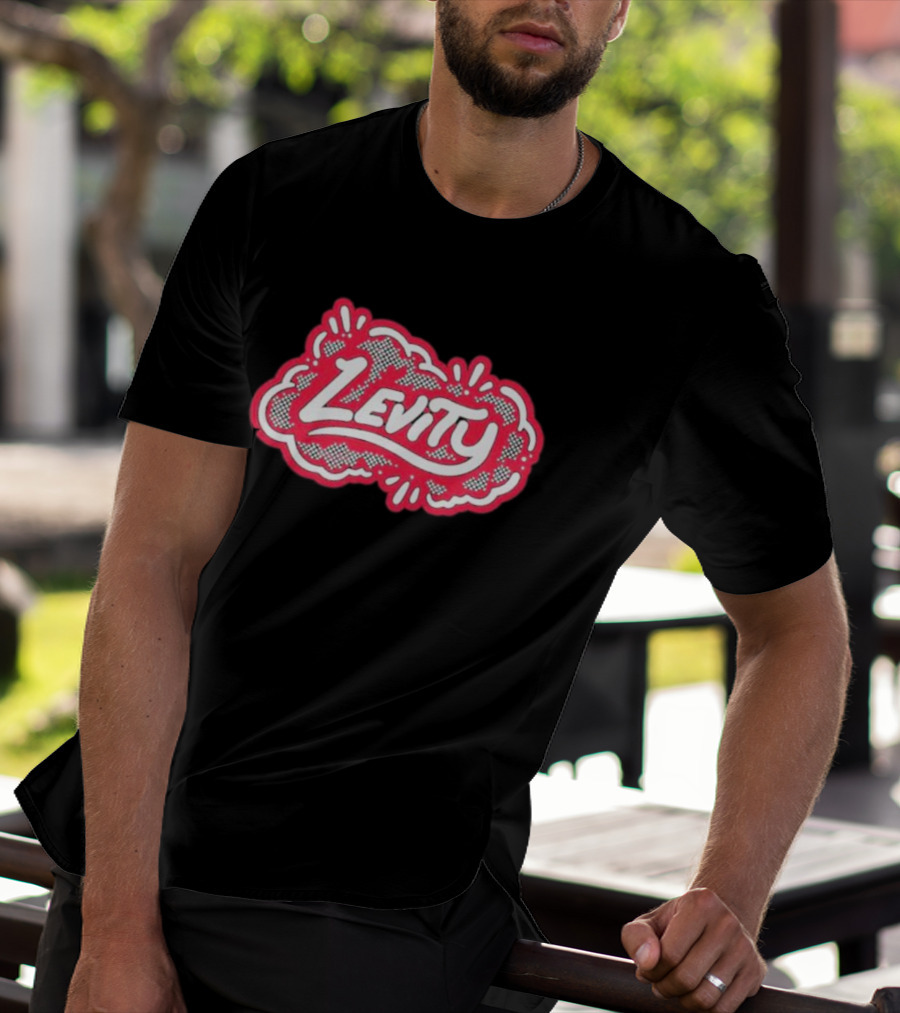 Levity Music Store Red And White Comic-Style Text On Black Cloud Background T-Shirt