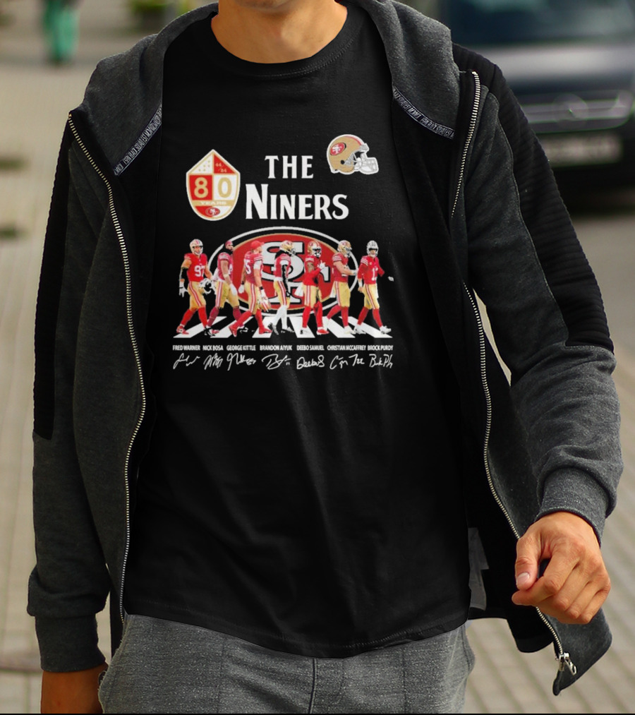 The Niners 80 Fred Warner Nick Bosa George Kittle Brandon Aiyuk Deebo Samuel Christian McCaffrey Brock Purdy Signatures T-Shirt